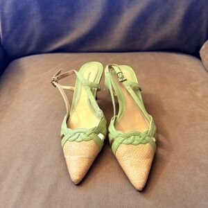 Pedro Garcia Green and Tan Woven Slingback Heels